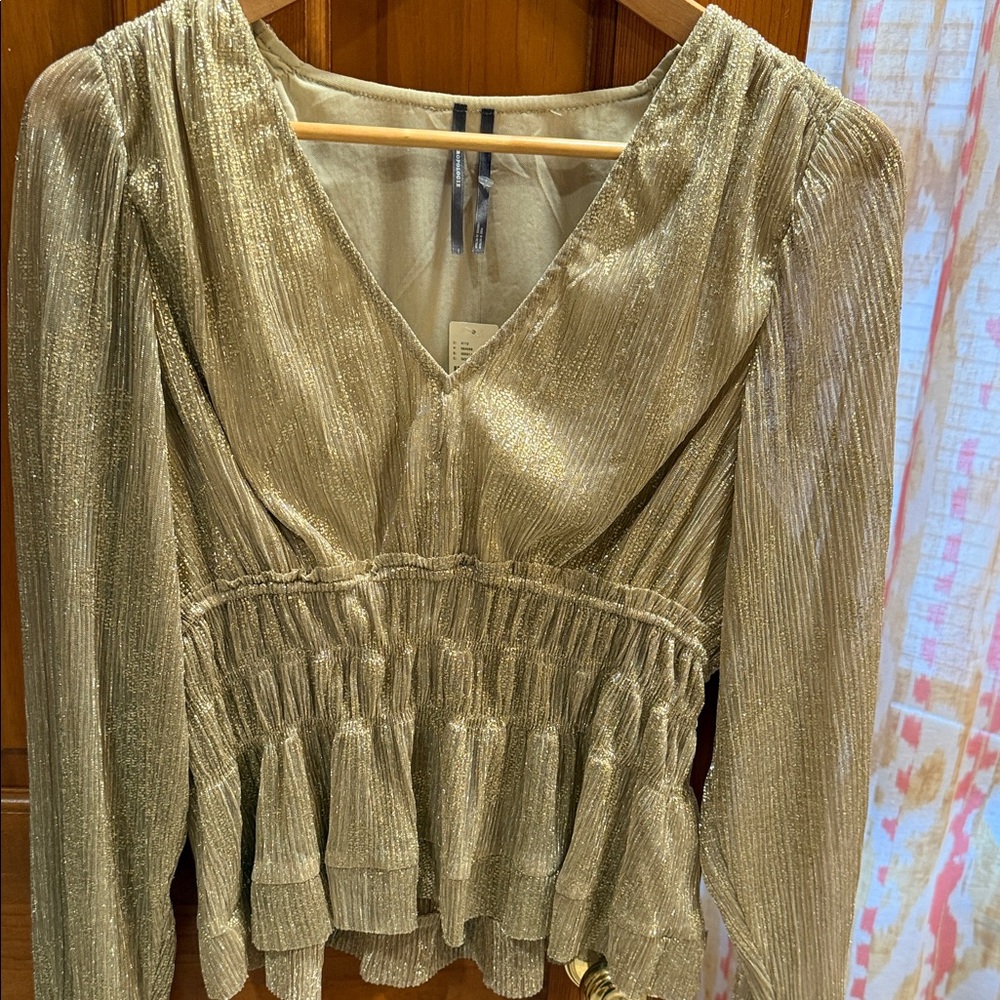 Anthropologie Shimmery Gold V-Neck Peplum Blouse